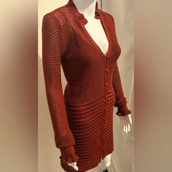Joie Xs Red Knit Crochet Cardigan Sweater Dress Bohemian Y2K Festival Beach - Picture 4 of 10
